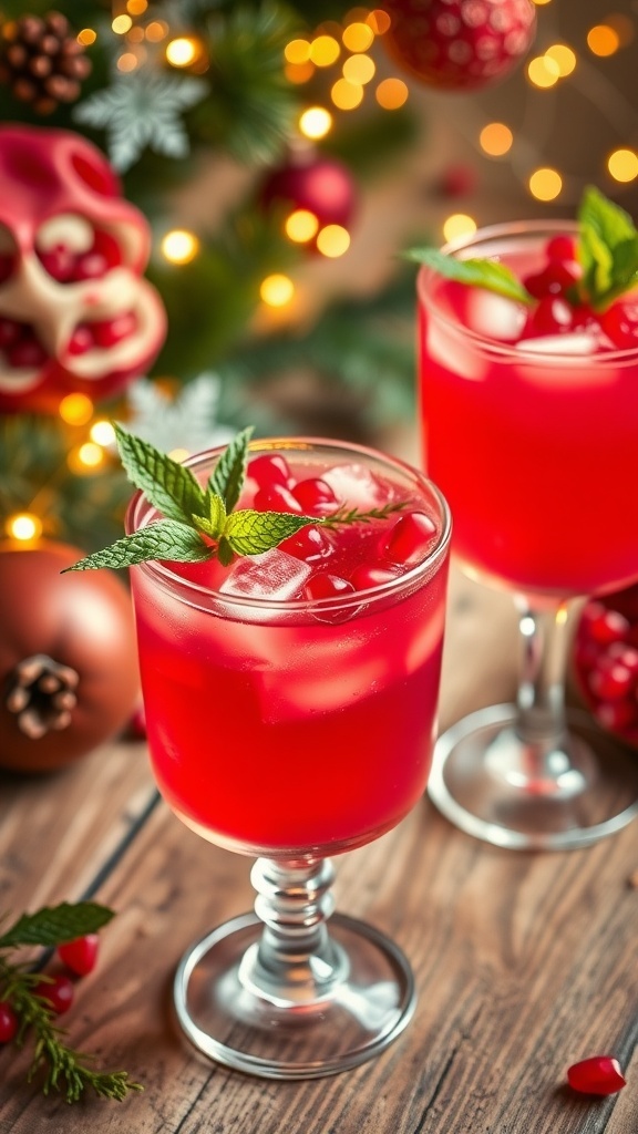 Two glasses of vodka pomegranate cocktail garnished with pomegranate seeds and mint on a rustic table with holiday decorations.